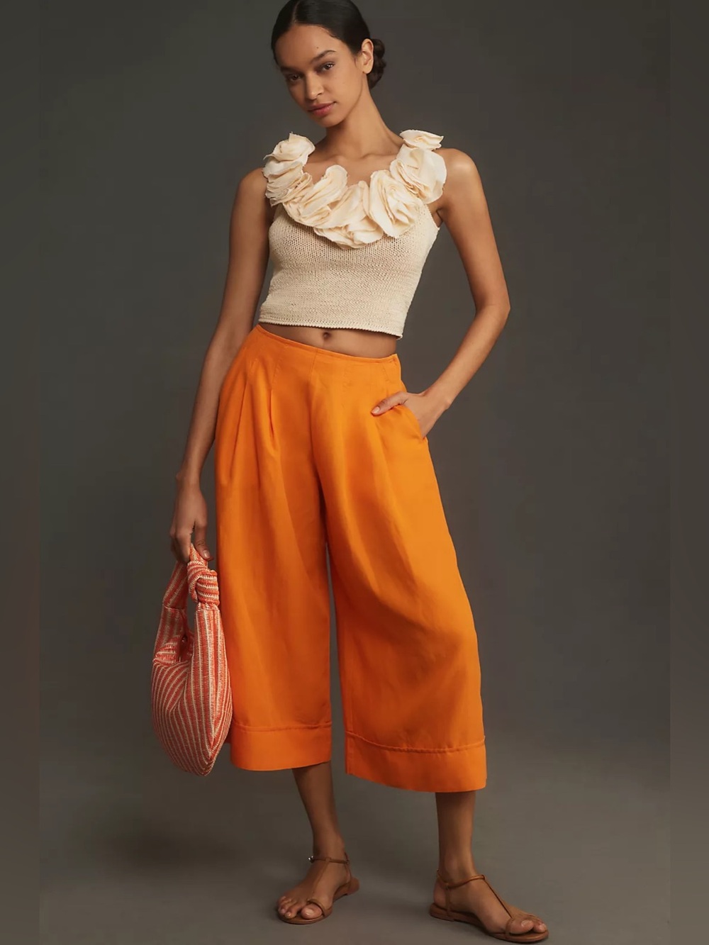 ▪️NEW! Maeve Anthropologie Orange Pleated Front Wide-Leg Culottes Linen Blend 10